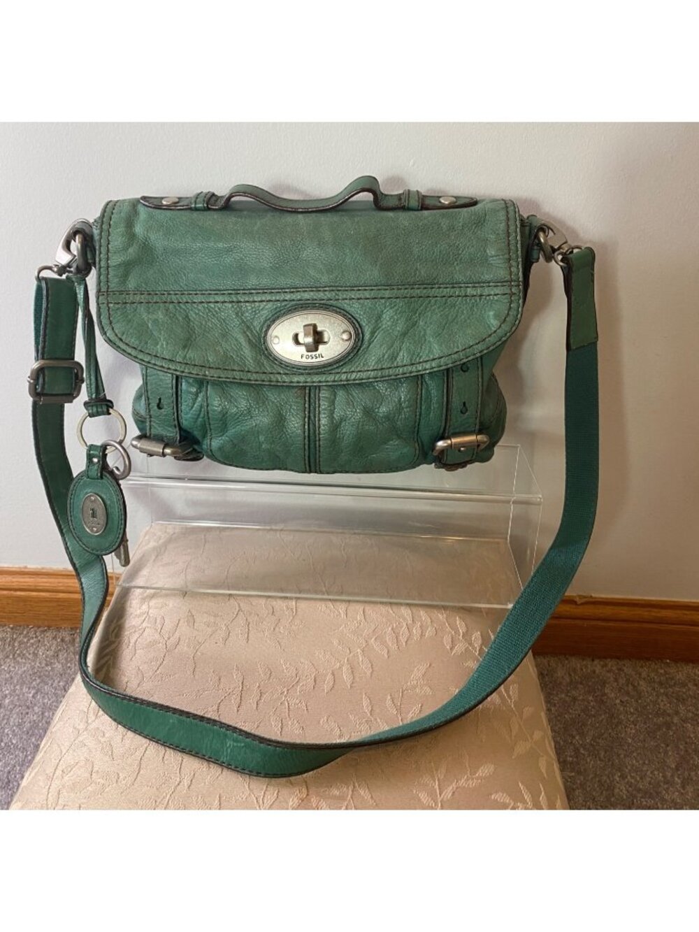 Fossil Maddox Teal Green Leather Crossbody Purse Bag With Wallet and Keychain